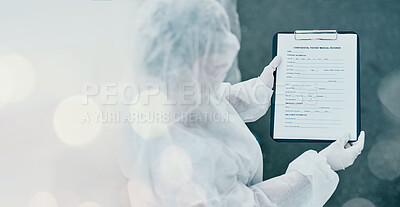 Buy stock photo Medical paperwork, clipboard and doctor, banner and healthcare with bokeh, PPE and safety with top view. Mockup space, health insurance and person with document, surgery and patient information