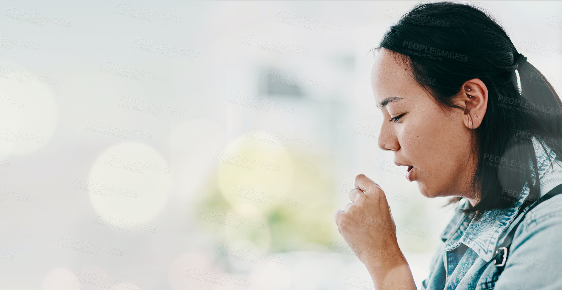 Buy stock photo Sick, face and woman coughing in living room with tuberculosis, covid or bacteria risk with mockup. Flu, asthma and Asian female with lung, infection or infuenza, disease and viral infection or virus