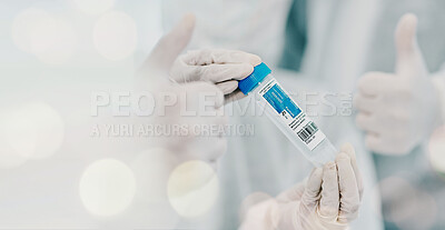 Buy stock photo Pharmaceutical, vaccine and sample in scientist hands or test in lab, research or biotechnology mockup background. Corona, covid19 and chemical cure breakthrough with tube or thumbs up in laboratory