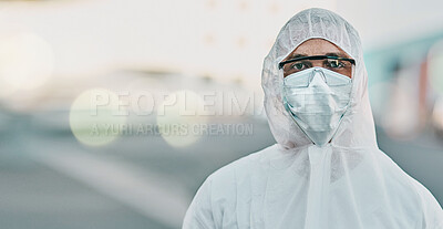 Buy stock photo Man, face mask and PPE in portrait with safety, Covid compliance with mockup space and bokeh. Health, protection gear and virus with healthcare banner, disinfection and medical worker with danger