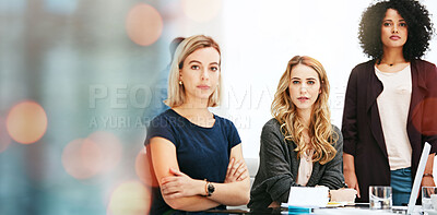 Buy stock photo Mockup, office and portrait of business women at desk for teamwork, partnership and collaboration. Crossed arms, professional and female workers on overlay  for empowerment, confidence and startup