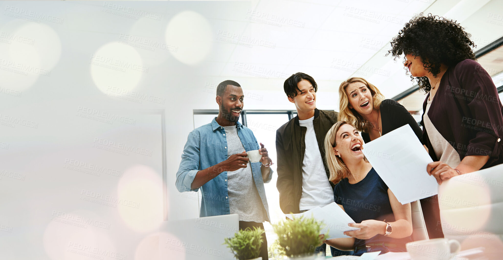 Buy stock photo Business people, meeting and team planning for startup, marketing agency and project collaboration on mockup. Young employees or group with documents, laughing together or happy for advertising ideas