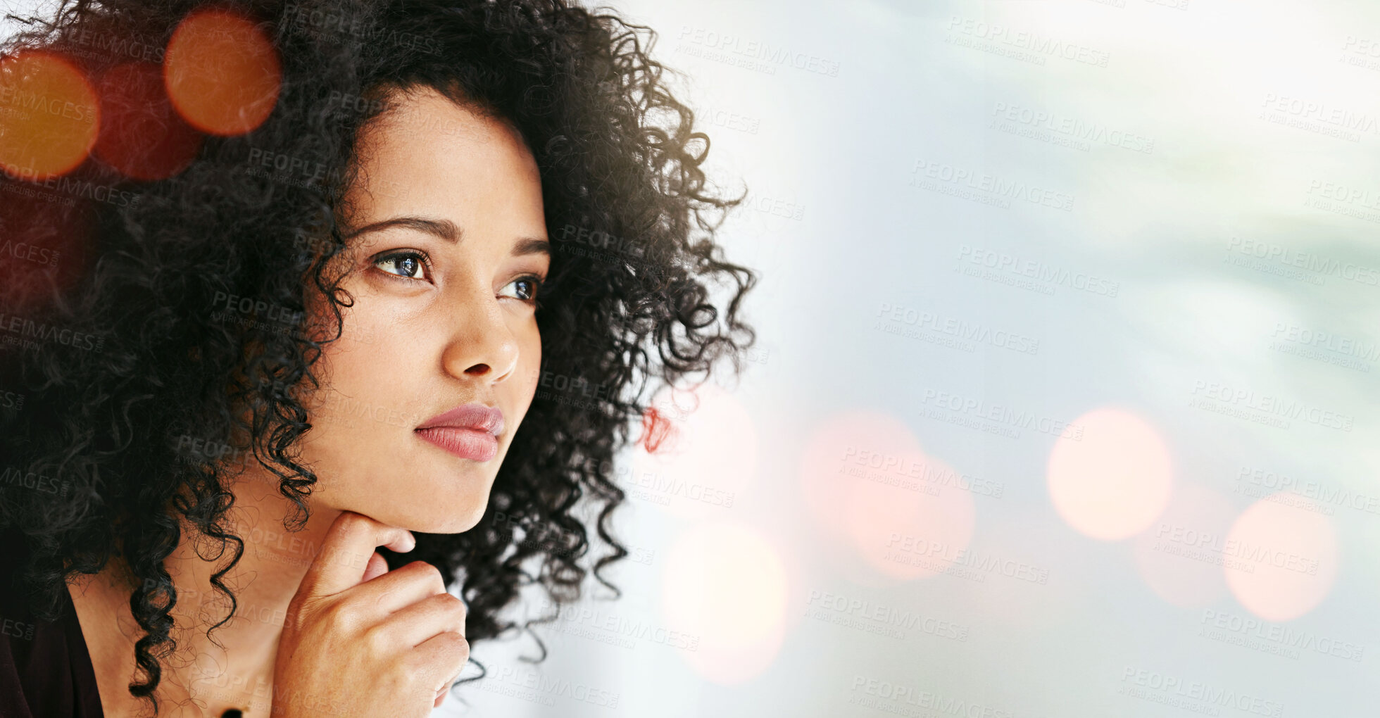 Buy stock photo Woman, face and thinking, banner and future with ideas, dream and inspiration with mockup space. Bokeh, mind and thoughtful, decision or choice with question, FAQ and mindfulness with life mission