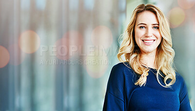 Buy stock photo Portrait, business woman and happy on banner in office, startup company and workplace bokeh. Face smile, designer and professional employee, creative and entrepreneur on mockup space in Australia