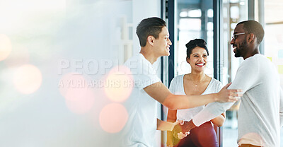 Buy stock photo Teamwork, mockup and happy people shaking hands for startup business, partnership or deal. Welcome handshake, entrepreneur or proud manager greeting worker for congratulations or thank you by bokeh