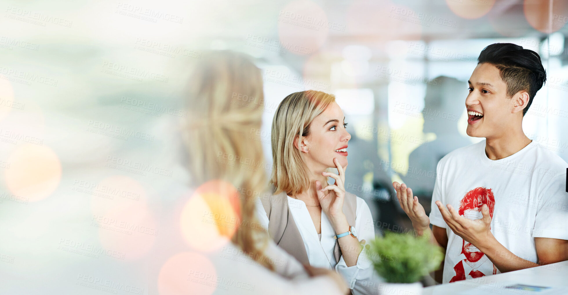 Buy stock photo Collaboration, creative and an excited designer man talking to his team in the office on double exposure space. Teamwork, communication and a young employee in the workplace to explain an idea