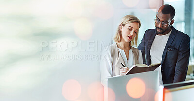 Buy stock photo Mockup, business team or black man with woman in office writing a schedule list or planning in diary. Space, leader or company manager consulting for teaching, coaching or helping for advice by bokeh