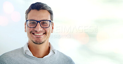 Buy stock photo Business, portrait and happy mature man in office with confidence, ambition and good mood with mockup. Face, smile and cheerful male boss excited for startup, agency or company, career or goals 