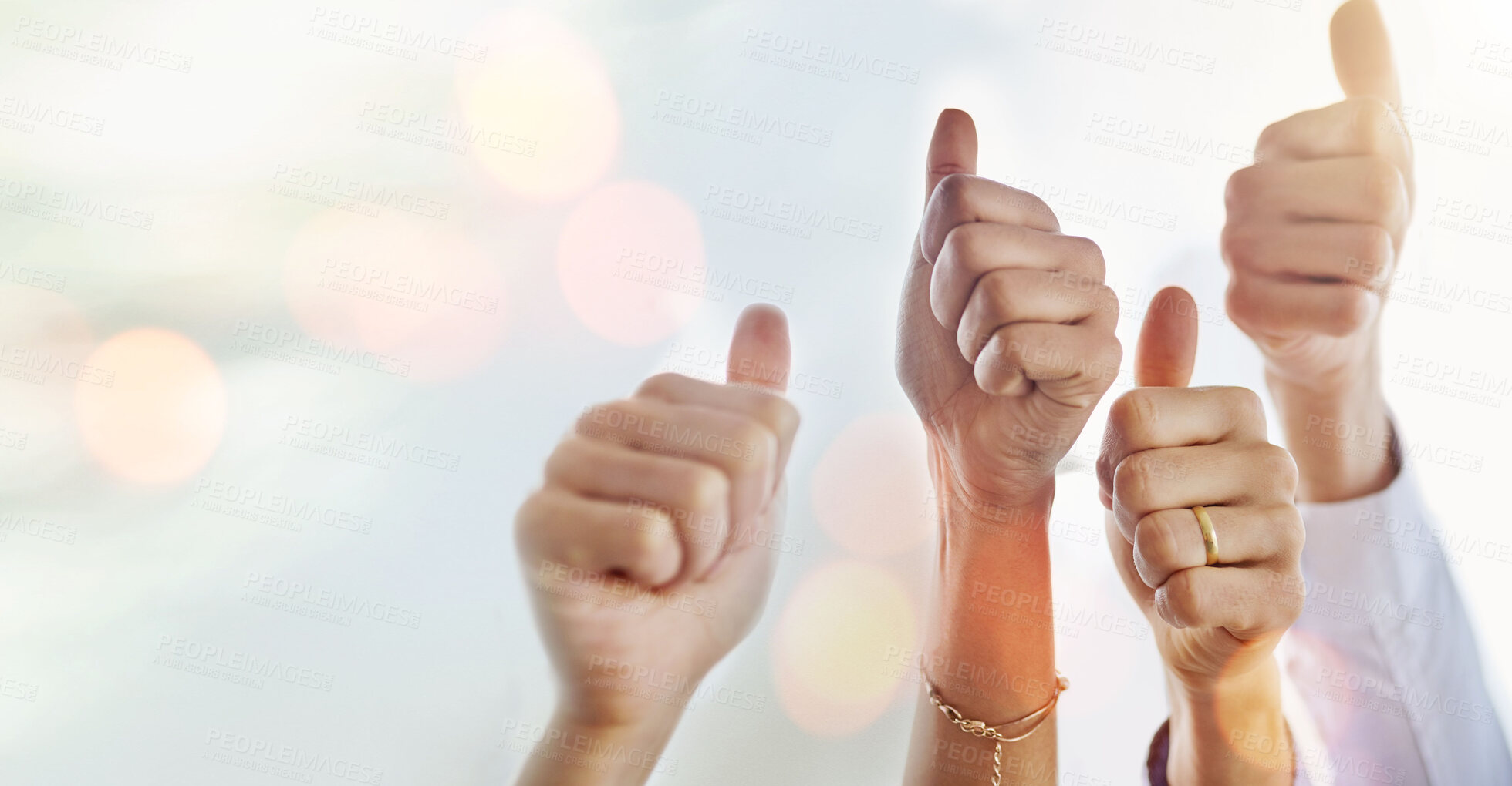 Buy stock photo Mockup, success or hands of business people with thumbs up for approval on sky background. Teamwork, community or closeup of employees with solidarity or group support for growth, like or okay sign