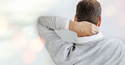 Back, business and man with neck pain, injury or health issue with banner, mockup or body fatigue. Person, employee or consultant with health risk, joint or muscle tension with stress or inflammation