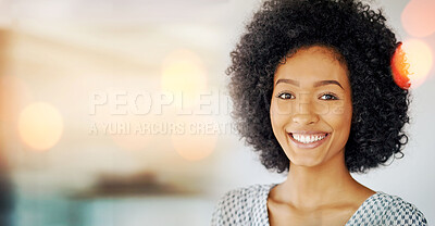 Buy stock photo Portrait, designer and happy business woman in office, company or startup workplace bokeh. Face, smile and professional employee, entrepreneur worker and creative career of person in South Africa