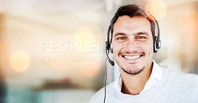 Buy stock photo Customer service mockup, portrait or happy man in call center for advice, tech support consulting. Smile, space or friendly face of consultant in telemarketing or telecom company with mic headset 