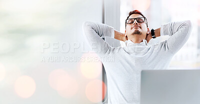 Buy stock photo Tired, stretching and businessman with a laptop in an office for relax, calm or sleeping from work. Busy, mockup and space with an employee with stress relief and a computer for an email at an agency