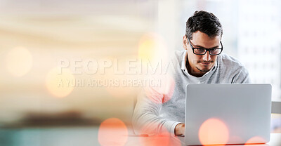 Buy stock photo Banner, laptop and businessman in office with mockup, bokeh and online business communication for trading. Networking, schedule and man with digital app for website, email and space in workplace.