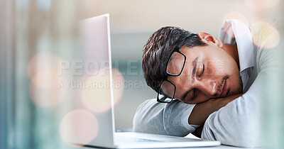 Buy stock photo Work, burnout and business man sleeping on laptop in office tired, exhausted and low energy. Startup, fatigue and male manager sleep while working online, sleep or nap, fail or mistake, lazy or bored