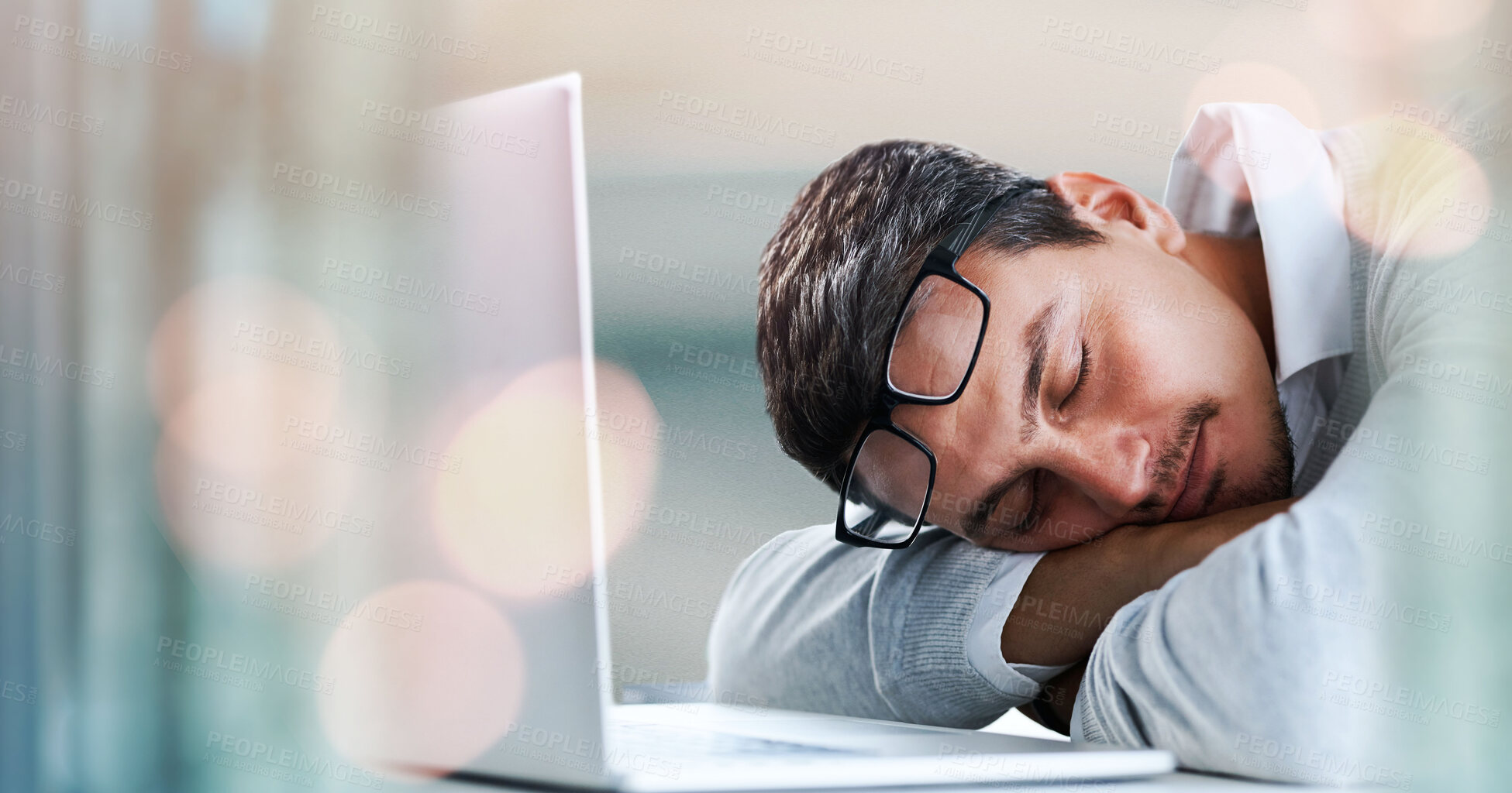 Buy stock photo Work, burnout and business man sleeping on laptop in office tired, exhausted and low energy. Startup, fatigue and male manager sleep while working online, sleep or nap, fail or mistake, lazy or bored