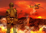 Military, helicopter and soldier by explosion for service, battlefield or fight in forest with army uniform and protection. Warzone, warrior and person in camp look at apocalypse in woods for defence