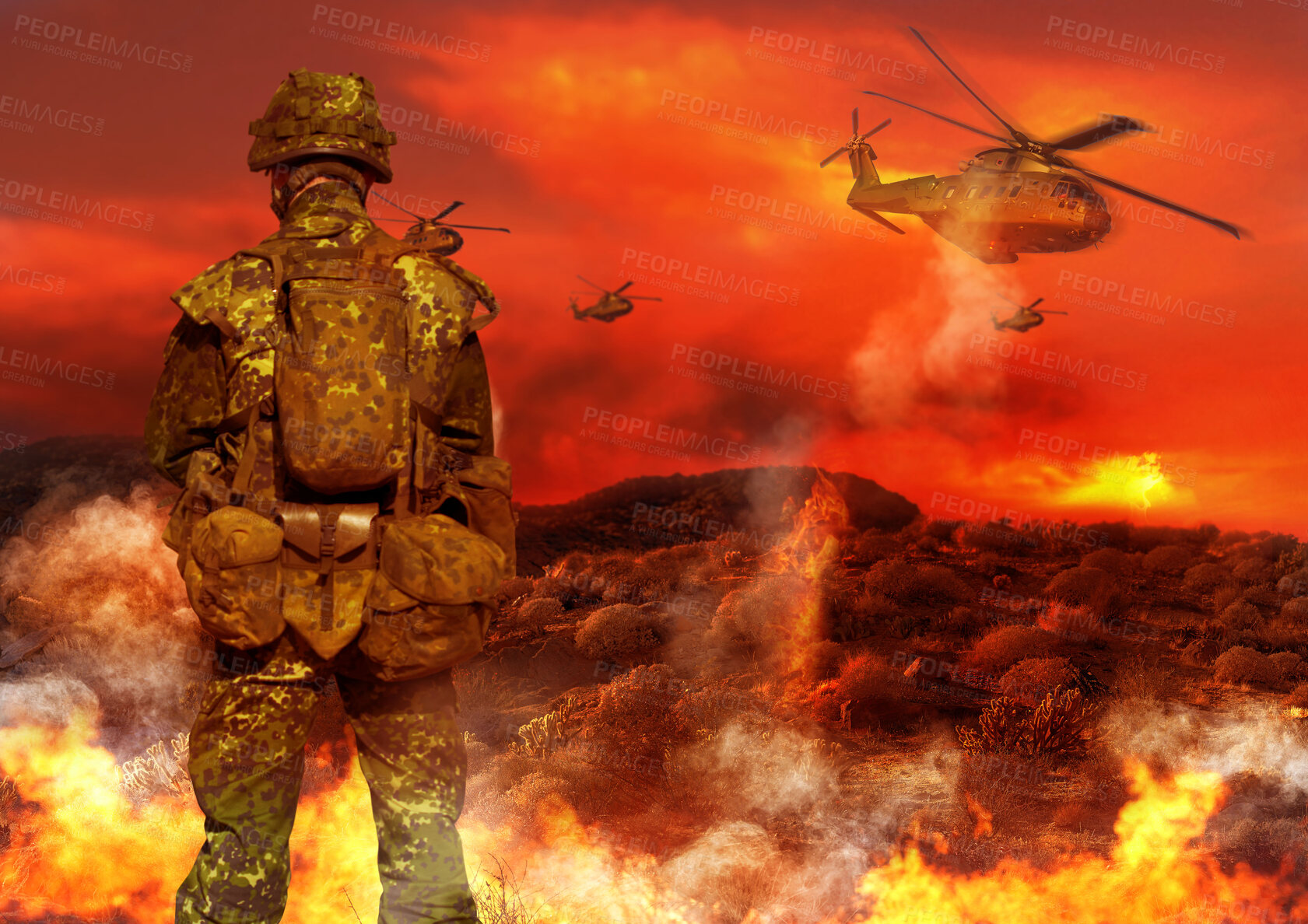 Buy stock photo Military, helicopter and soldier by explosion for service, battlefield or fight in forest with army uniform and protection. Warzone, warrior and person in camp look at apocalypse in woods for defence