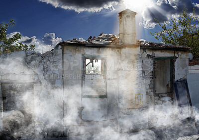 Buy stock photo Disaster, damage and accident with house and smoke from danger, chaos fire and devastation. War, crisis and abandoned with broken building structure for grunge, construction and military attack