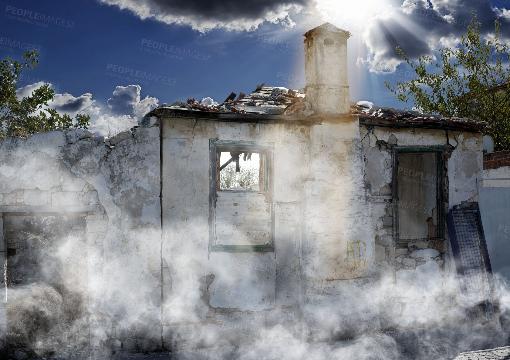 Buy stock photo Disaster, damage and accident with house and smoke from danger, chaos fire and devastation. War, crisis and abandoned with broken building structure for grunge, construction and military attack