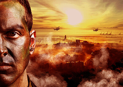 Buy stock photo Combat, military and portrait of soldier with fire in warzone for service, army duty and battle in camouflage. Mockup, banner and half face of man with helicopter for armed forces, defense or warfare