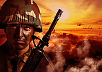 Explosion, military and portrait of soldier with fire in warzone for service, army duty and battle in camouflage. Mockup, conflict and face of man with helicopter for armed forces, defense or warfare