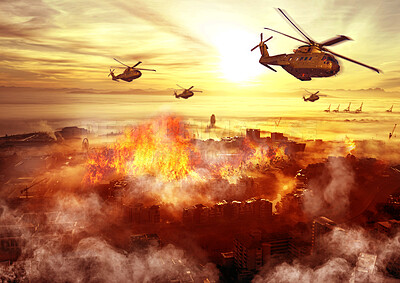 Buy stock photo Conflict, military and helicopter with fire in explosion for service, army duty and battle in city. Mockup, apocalypse and airforce with bombs for armed forces, defense and warfare in battlefield