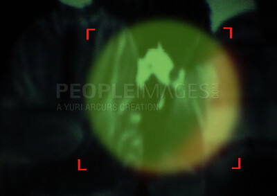 Buy stock photo Military, enemy and target in night vision, overlay or dark green silhouette of spy, agent or terrorist risk to soldier. Police, surveillance and security people in infrared scope for army mission