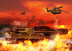 Tank, military and helicopter with fire in explosion for service, army duty and conflict in city. Mockup, apocalypse and airforce with bombs for armed forces, defense and warfare in battlefield