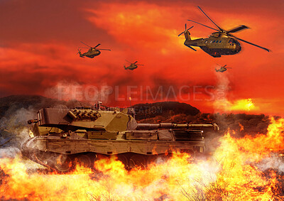 Buy stock photo Tank, military and helicopter with fire in explosion for service, army duty and conflict in city. Target, apocalypse and airforce with bombs for armed forces, defense and warfare in battlefield