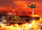 Tank, army and helicopter with fire explosion for combat, military and conflict for fight in city. Mockup, apocalypse and airforce with bombs for armed forces, defense and warfare in battlefield