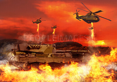 Buy stock photo Tank, army and helicopter with fire explosion for combat, military and conflict for fight in city. Warrior, apocalypse and airforce with bombs for armed forces, defense and warfare in battlefield