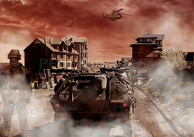 Buy stock photo War, soldier and military transport, army in a post apocalyptic landscape and conflict with person, dust and hero. Survival, mission and warrior with fight on battlefield, action and tank for battle