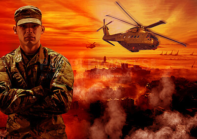 Buy stock photo War, man and soldier, helicopter and fire with military transport, army in a post apocalyptic landscape and conflict. Survival, mission and warrior with fight on battlefield, action and apocalypse