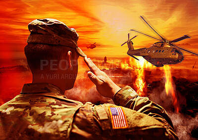 Buy stock photo Soldier, war and a man with a salute for a helicopter, military training and fire during a battle. Back, nature and an army veteran with respect for navy transport on the battlefield for a mission