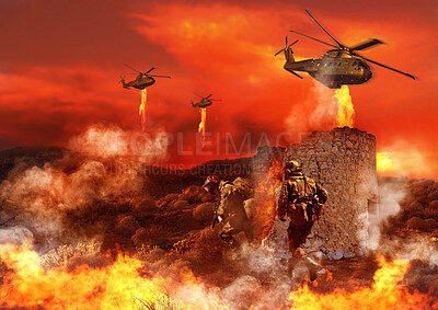 Buy stock photo Combat, military and soldier with fire in battlefield for service, army duty and battle in camouflage. Mockup, explosion and people with helicopter for armed forces, defense or warfare conflict