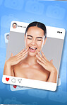 Social media, post and content creation, beauty and happy woman with frame, dermatology and excited influencer. App, profile picture and overlay with skincare, cosmetic care and photography display