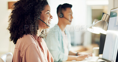 Buy stock photo Telemarketing, black woman and smile of contact us worker on a consultation at call center with computer. Consultant, employee and discussion of office and agency work with customer support on web