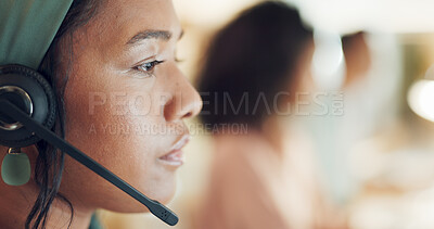 Buy stock photo Telemarketing, black woman and face closeup of contact us worker on consultation at call center with computer. Consultant, employee and female person in office with agency work with customer support