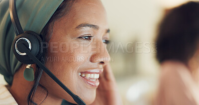 Buy stock photo Telemarketing, black woman and smile closeup of contact us worker on a consultation at call center. Consultant, employee and office work with crm agency communication and customer support on web