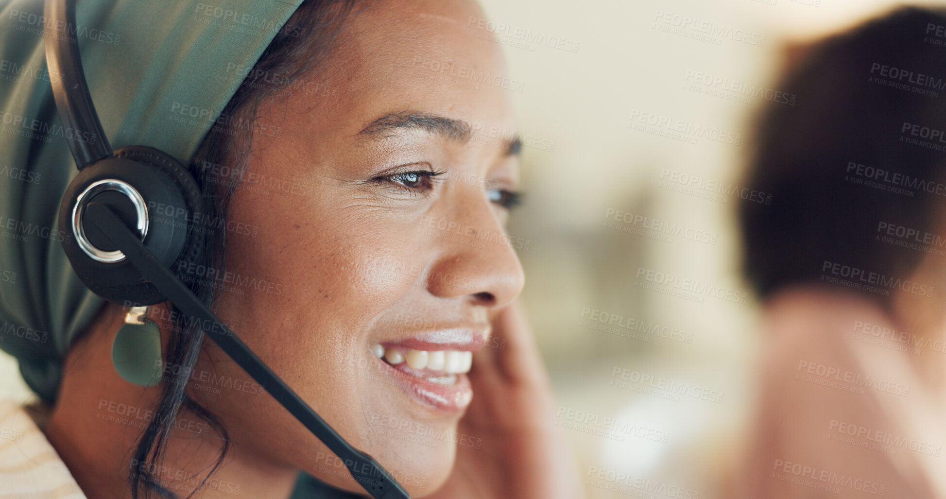 Buy stock photo Telemarketing, black woman and smile closeup of contact us worker on a consultation at call center. Consultant, employee and office work with crm agency communication and customer support on web