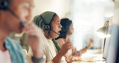 Buy stock photo Call center woman, yawn and tired at computer, office or fatigue with team, customer service pr telemarketing. Muslim crm, burnout and overtime with tech support, help desk or consulting in workplace