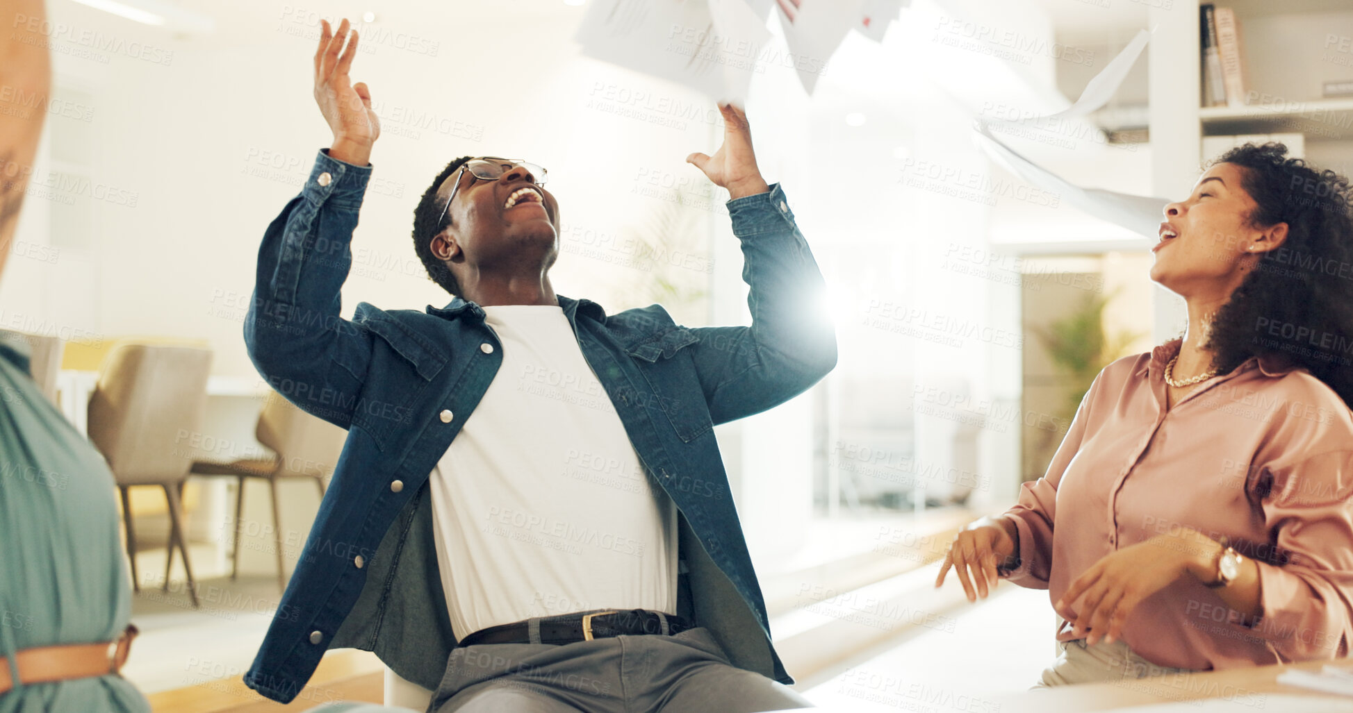 Buy stock photo Meeting, celebration and paper in air with man with success in office with wow and employee motivation from deal. Happy, excited and group with company growth, target goal and document confetti