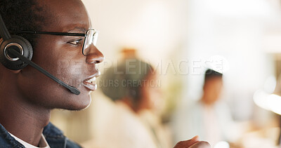 Buy stock photo Call center, consulting and space with black man in office for contact us, communication and customer service. Salesman, help desk and technical support with person in crm agency for agent mockup