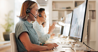 Buy stock photo Call center, consulting and laughing with woman in office for contact us, communication and customer service. Salesman, help desk and technical support with person in crm agency for telemarketing