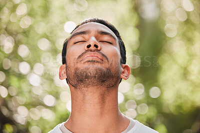 Buy stock photo Man, breathing and relax with peace in nature for exercise, workout or meditation for zen after fitness for spiritual wellness. Calm, athlete and freedom in environment and training mindfulness