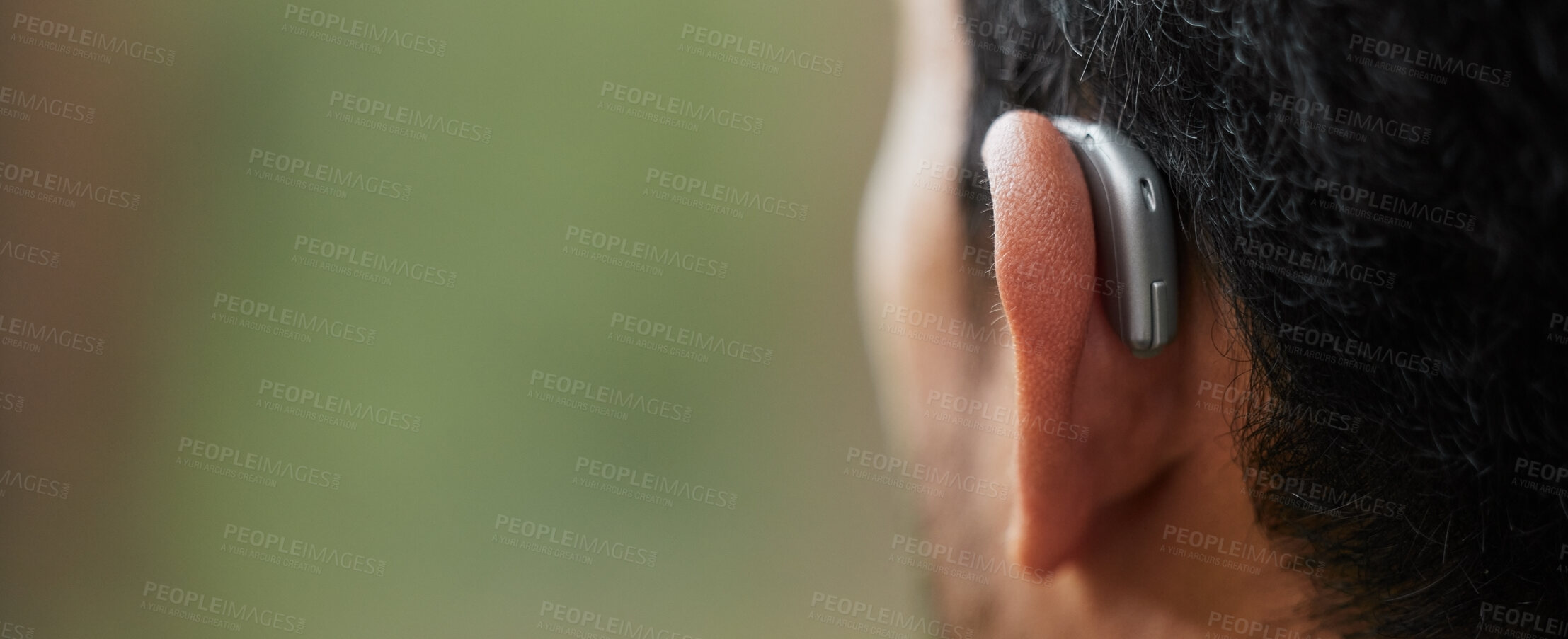 Buy stock photo Closeup of hearing aid, ear and man with mockup, disability from the back for listening, sound waves and healthcare tech. Deaf patient, face and audiology implant to help volume and medical support 