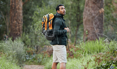 Buy stock photo Man, travel backpack and walking with view, thinking and camping in the Amazon forest for holiday. Exercise, trekking workout and hiking in the woods for vacation with freedom in nature on a journey