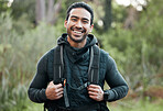 Man, backpack and portrait with smile, happy and camping travel in the forest for holiday. Exercise, trekking workout and hiking in the woods for vacation with freedom in nature on a journey