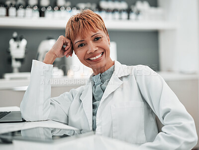 Buy stock photo Portrait, science and smile of woman doctor in the lab for research, innovation or breakthrough. Medical, study and a happy mature scientist working in a laboratory for pharmaceutical development